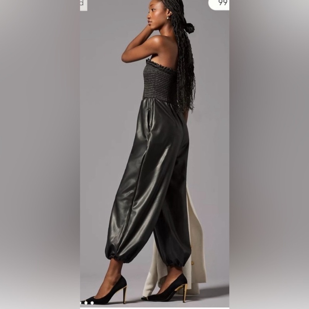 Anthropologie women’s jumpsuit Faux Leather strapless Balloon black Size S NWT